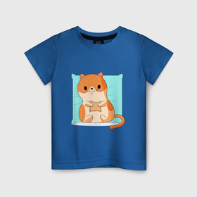 Детская футболка хлопок с принтом Котик с печеньем на подушке. , 100% хлопок | круглый вырез горловины, полуприлегающий силуэт, длина до линии бедер | 