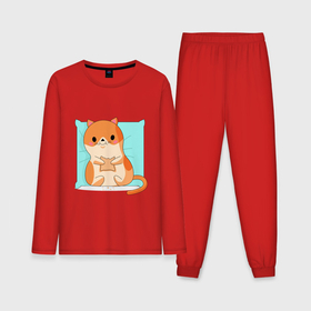 Мужская пижама с лонгсливом хлопок с принтом Котик с печеньем на подушке. ,  |  | Тематика изображения на принте: 
