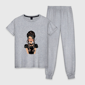 Женская пижама хлопок с принтом готическая девушка в кокошнике в Курске, 100% хлопок | брюки и футболка прямого кроя, без карманов, на брюках мягкая резинка на поясе и по низу штанин | 
