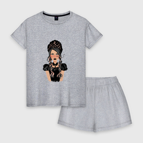 Женская пижама с шортиками хлопок с принтом готическая девушка в кокошнике в Екатеринбурге, 100% хлопок | футболка прямого кроя, шорты свободные с широкой мягкой резинкой | 