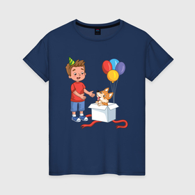 Женская футболка хлопок с принтом Мальчик и собачка в подарок в Екатеринбурге, 100% хлопок | прямой крой, круглый вырез горловины, длина до линии бедер, слегка спущенное плечо | 