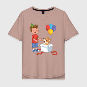Мужская футболка хлопок Oversize с принтом Мальчик и собачка в подарок в Санкт-Петербурге, 100% хлопок | свободный крой, круглый ворот, “спинка” длиннее передней части | 