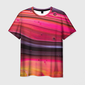 Мужская футболка 3D с принтом Абстрактные волны оттенков красного и фиолетового в Тюмени, 100% полиэфир | прямой крой, круглый вырез горловины, длина до линии бедер | 