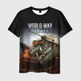 Мужская футболка 3D с принтом World War Heroes логотип и танки в Кировске, 100% полиэфир | прямой крой, круглый вырез горловины, длина до линии бедер | 