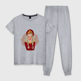 Женская пижама хлопок с принтом девушка в кокошнике в Курске, 100% хлопок | брюки и футболка прямого кроя, без карманов, на брюках мягкая резинка на поясе и по низу штанин | 