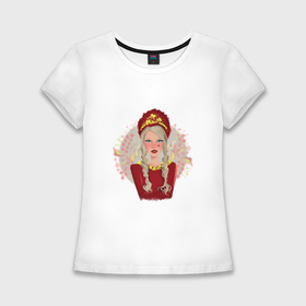Женская футболка хлопок Slim с принтом девушка в кокошнике в Курске,  |  | 