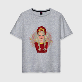 Женская футболка хлопок Oversize с принтом девушка в кокошнике в Курске, 100% хлопок | свободный крой, круглый ворот, спущенный рукав, длина до линии бедер
 | 