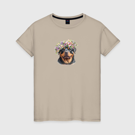 Женская футболка хлопок с принтом Весна: ротвейлер в Белгороде, 100% хлопок | прямой крой, круглый вырез горловины, длина до линии бедер, слегка спущенное плечо | 
