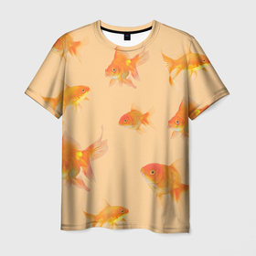 Мужская футболка 3D с принтом Золотые рыбки в фоне в Новосибирске, 100% полиэфир | прямой крой, круглый вырез горловины, длина до линии бедер | 