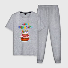 Мужская пижама хлопок с принтом Торт со свечами с днём рождения , 100% хлопок | брюки и футболка прямого кроя, без карманов, на брюках мягкая резинка на поясе и по низу штанин
 | 