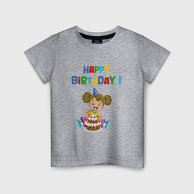 Детская футболка хлопок с принтом Девочка ест праздничный торт , 100% хлопок | круглый вырез горловины, полуприлегающий силуэт, длина до линии бедер | 