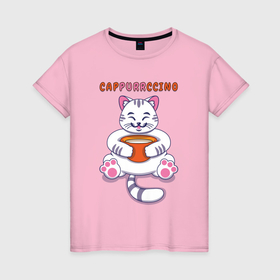 Женская футболка хлопок с принтом Няшный котик с чашкой кофе cappurrccino в Кировске, 100% хлопок | прямой крой, круглый вырез горловины, длина до линии бедер, слегка спущенное плечо | 