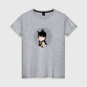 Женская футболка хлопок с принтом Аниме Уэнсдей Аддамс с ушками в Белгороде, 100% хлопок | прямой крой, круглый вырез горловины, длина до линии бедер, слегка спущенное плечо | 