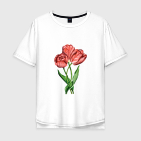 Мужская футболка хлопок Oversize с принтом Красные акварельные тюльпаны в Новосибирске, 100% хлопок | свободный крой, круглый ворот, “спинка” длиннее передней части | Тематика изображения на принте: 