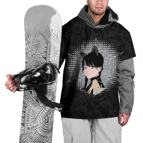 Накидка на куртку 3D с принтом Аниме Уэнздей Аддамс с ушками на фоне паутины в Тюмени, 100% полиэстер |  | Тематика изображения на принте: 