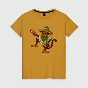 Женская футболка хлопок с принтом Забавная обезьянка в мексиканском стиле в Новосибирске, 100% хлопок | прямой крой, круглый вырез горловины, длина до линии бедер, слегка спущенное плечо | 