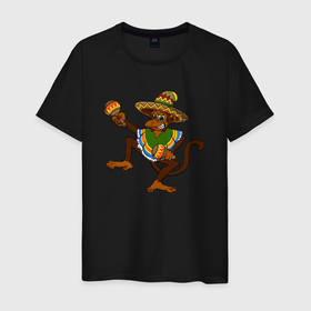 Мужская футболка хлопок с принтом Забавная обезьянка в мексиканском стиле в Новосибирске, 100% хлопок | прямой крой, круглый вырез горловины, длина до линии бедер, слегка спущенное плечо. | 