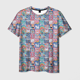 Мужская футболка 3D с принтом Коты и еда в Екатеринбурге, 100% полиэфир | прямой крой, круглый вырез горловины, длина до линии бедер | 