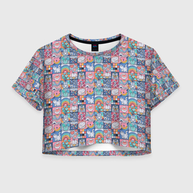Женская футболка Crop-top 3D с принтом Коты и еда , 100% полиэстер | круглая горловина, длина футболки до линии талии, рукава с отворотами | Тематика изображения на принте: 