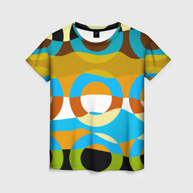 Женская футболка 3D с принтом Разноцветный абстрактный волнообразный паттерн с кругами , 100% полиэфир ( синтетическое хлопкоподобное полотно) | прямой крой, круглый вырез горловины, длина до линии бедер | 