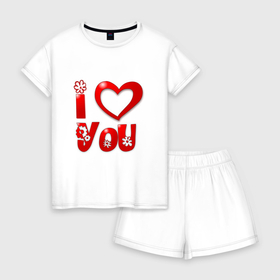 Женская пижама с шортиками хлопок с принтом I love you darling в Курске, 100% хлопок | футболка прямого кроя, шорты свободные с широкой мягкой резинкой | 