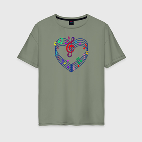 Женская футболка хлопок Oversize с принтом Цветные ноты и скрипичный ключ в Петрозаводске, 100% хлопок | свободный крой, круглый ворот, спущенный рукав, длина до линии бедер
 | 