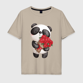 Мужская футболка хлопок Oversize с принтом Панда с букетом цветов в Санкт-Петербурге, 100% хлопок | свободный крой, круглый ворот, “спинка” длиннее передней части | 