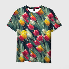 Мужская футболка 3D с принтом Много тюльпанов в Санкт-Петербурге, 100% полиэфир | прямой крой, круглый вырез горловины, длина до линии бедер | 