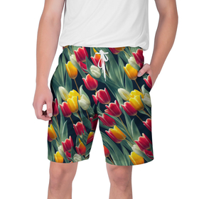 Мужские шорты 3D с принтом Много тюльпанов в Санкт-Петербурге,  полиэстер 100% | прямой крой, два кармана без застежек по бокам. Мягкая трикотажная резинка на поясе, внутри которой широкие завязки. Длина чуть выше колен | 