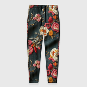 Мужские брюки 3D с принтом Эффект вышивки разные цветы в Петрозаводске, 100% полиэстер | манжеты по низу, эластичный пояс регулируется шнурком, по бокам два кармана без застежек, внутренняя часть кармана из мелкой сетки | 