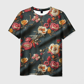 Мужская футболка 3D с принтом Эффект вышивки разные цветы в Курске, 100% полиэфир | прямой крой, круглый вырез горловины, длина до линии бедер | 