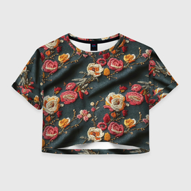 Женская футболка Crop-top 3D с принтом Эффект вышивки разные цветы в Новосибирске, 100% полиэстер | круглая горловина, длина футболки до линии талии, рукава с отворотами | 