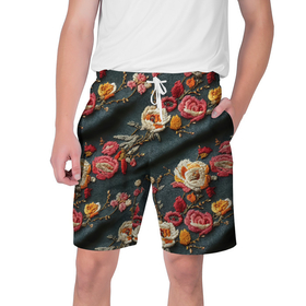 Мужские шорты 3D с принтом Эффект вышивки разные цветы в Новосибирске,  полиэстер 100% | прямой крой, два кармана без застежек по бокам. Мягкая трикотажная резинка на поясе, внутри которой широкие завязки. Длина чуть выше колен | 