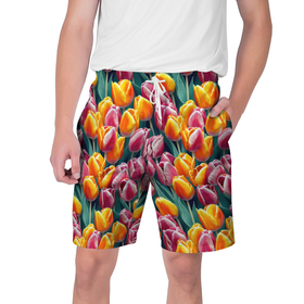 Мужские шорты 3D с принтом Роскошные тюльпаны в Тюмени,  полиэстер 100% | прямой крой, два кармана без застежек по бокам. Мягкая трикотажная резинка на поясе, внутри которой широкие завязки. Длина чуть выше колен | 