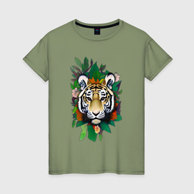 Женская футболка хлопок с принтом Голова Тигра среди листьев и цветов, Тигр символ 2022 года по китайскому гороскопу в Белгороде, 100% хлопок | прямой крой, круглый вырез горловины, длина до линии бедер, слегка спущенное плечо | 