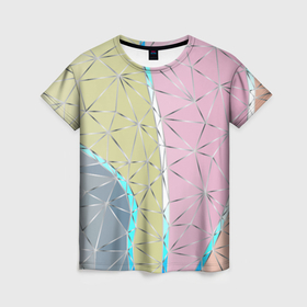 Женская футболка 3D с принтом Разноцветный фон из треугольников с металлическими линиями. в Белгороде, 100% полиэфир ( синтетическое хлопкоподобное полотно) | прямой крой, круглый вырез горловины, длина до линии бедер | 