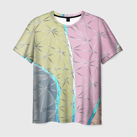 Мужская футболка 3D с принтом Разноцветный фон из треугольников с металлическими линиями. , 100% полиэфир | прямой крой, круглый вырез горловины, длина до линии бедер | 