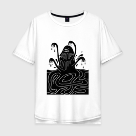 Мужская футболка хлопок Oversize с принтом Ктулху Море в Екатеринбурге, 100% хлопок | свободный крой, круглый ворот, “спинка” длиннее передней части | 