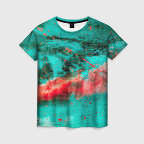 Женская футболка 3D с принтом Абстрактный светло зелёный туман и красные краски и дым в Курске, 100% полиэфир ( синтетическое хлопкоподобное полотно) | прямой крой, круглый вырез горловины, длина до линии бедер | Тематика изображения на принте: 