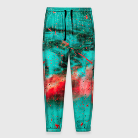 Мужские брюки 3D с принтом Абстрактный светло зелёный туман и красные краски и дым в Новосибирске, 100% полиэстер | манжеты по низу, эластичный пояс регулируется шнурком, по бокам два кармана без застежек, внутренняя часть кармана из мелкой сетки | Тематика изображения на принте: 