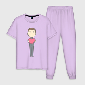Мужская пижама хлопок с принтом Офисный джентльмен держит сердечко в Новосибирске, 100% хлопок | брюки и футболка прямого кроя, без карманов, на брюках мягкая резинка на поясе и по низу штанин
 | 