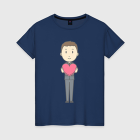 Женская футболка хлопок с принтом Офисный джентльмен держит сердечко в Санкт-Петербурге, 100% хлопок | прямой крой, круглый вырез горловины, длина до линии бедер, слегка спущенное плечо | 