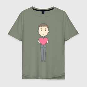 Мужская футболка хлопок Oversize с принтом Офисный джентльмен держит сердечко в Новосибирске, 100% хлопок | свободный крой, круглый ворот, “спинка” длиннее передней части | 