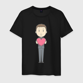 Мужская футболка хлопок с принтом Офисный джентльмен держит сердечко в Новосибирске, 100% хлопок | прямой крой, круглый вырез горловины, длина до линии бедер, слегка спущенное плечо. | 