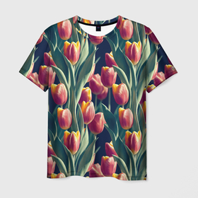 Мужская футболка 3D с принтом Много тюльпанов в Санкт-Петербурге, 100% полиэфир | прямой крой, круглый вырез горловины, длина до линии бедер | 
