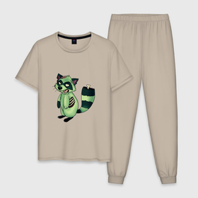 Мужская пижама хлопок с принтом Зеленый енот зомбак в Курске, 100% хлопок | брюки и футболка прямого кроя, без карманов, на брюках мягкая резинка на поясе и по низу штанин
 | Тематика изображения на принте: 