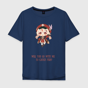 Мужская футболка хлопок Oversize с принтом Chibi Klee: catch fish в Екатеринбурге, 100% хлопок | свободный крой, круглый ворот, “спинка” длиннее передней части | Тематика изображения на принте: 