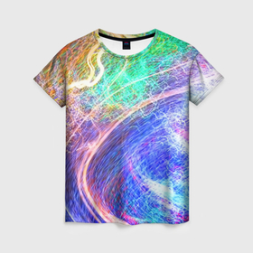 Женская футболка 3D с принтом Абстрактные разноцветные молнии в Белгороде, 100% полиэфир ( синтетическое хлопкоподобное полотно) | прямой крой, круглый вырез горловины, длина до линии бедер | 