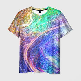 Мужская футболка 3D с принтом Абстрактные разноцветные молнии в Тюмени, 100% полиэфир | прямой крой, круглый вырез горловины, длина до линии бедер | 