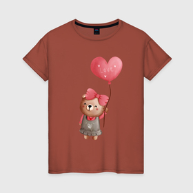 Женская футболка хлопок с принтом Мишка с воздушным шариком в виде сердца , 100% хлопок | прямой крой, круглый вырез горловины, длина до линии бедер, слегка спущенное плечо | 